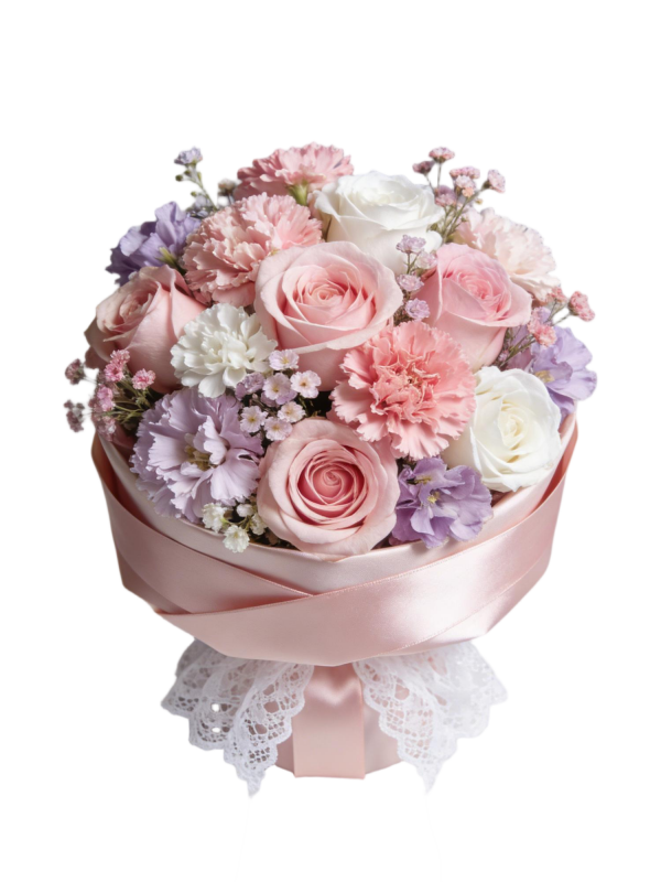 Romantic Pink Rose & Carnation Preserved Flower Bouquet with Lace Accent