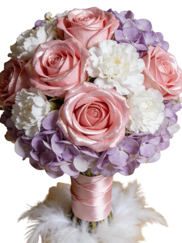 Glitter Pink Rose & Purple Hydrangea Bridal Handheld Bouquet with Feather Accent