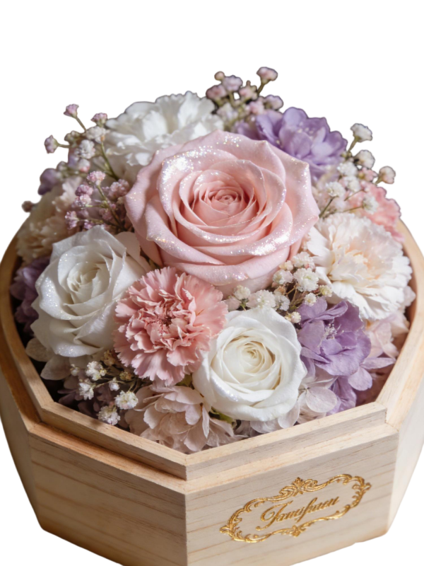 Preserved Glitter Pink Rose & Carnation Wooden Hexagon Flower Box