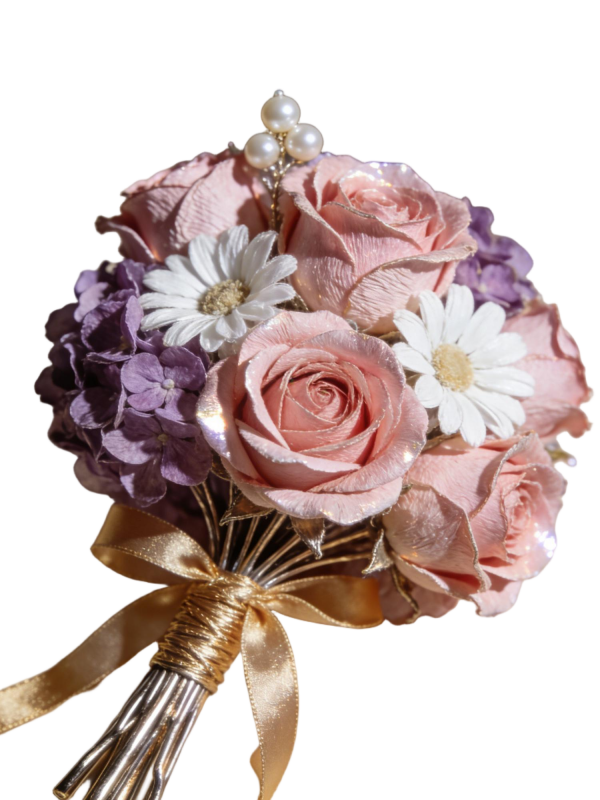Glitter Pink Rose & Daisy Bridal Bouquet with Pearl Accent