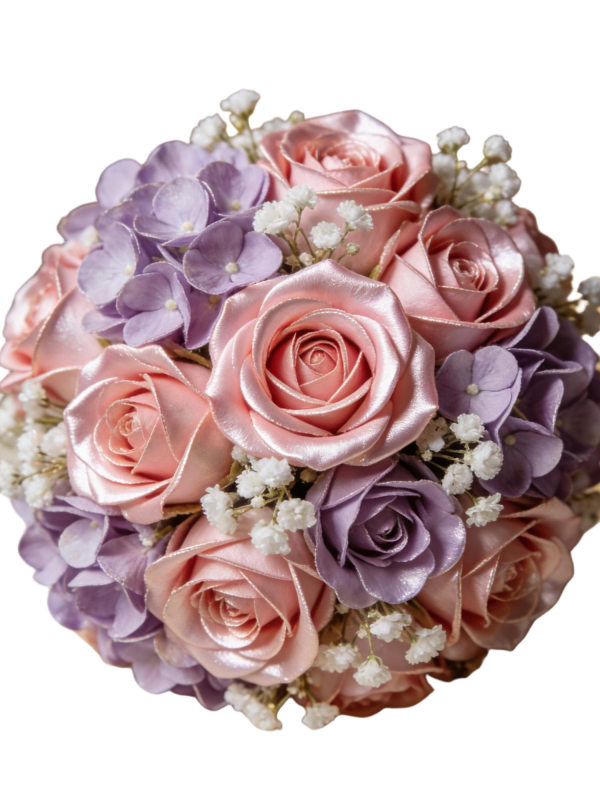 Satin Pink Rose & Purple Hydrangea Bridal Round Bouquet with Baby's Breath