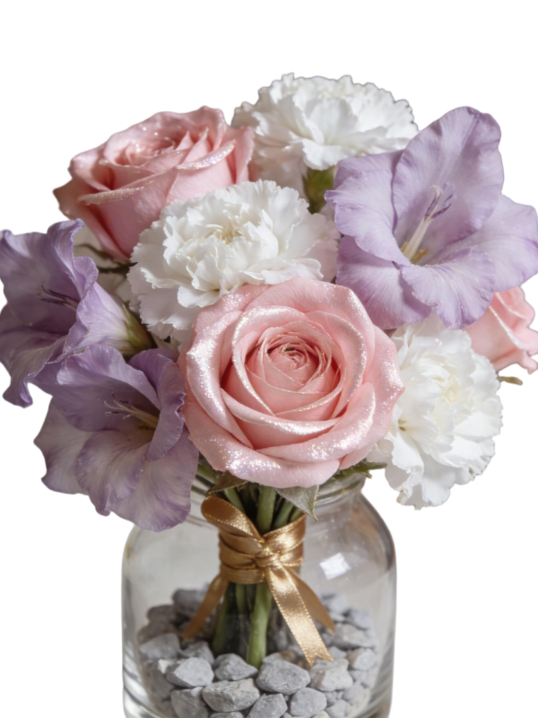 Preserved Glitter Pink Rose & Purple Gladiolus Glass Vase Arrangement