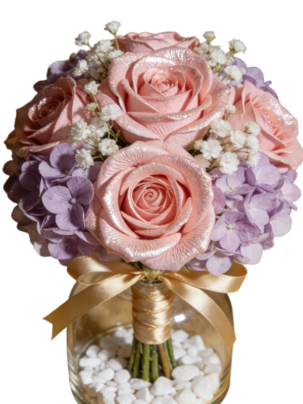 Glitter Pink Rose & Purple Hydrangea Preserved Glass Vase Arrangement