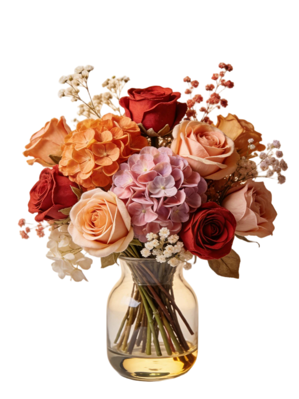 Vintage Red & Orange Rose Hydrangea Preserved Vase Arrangement