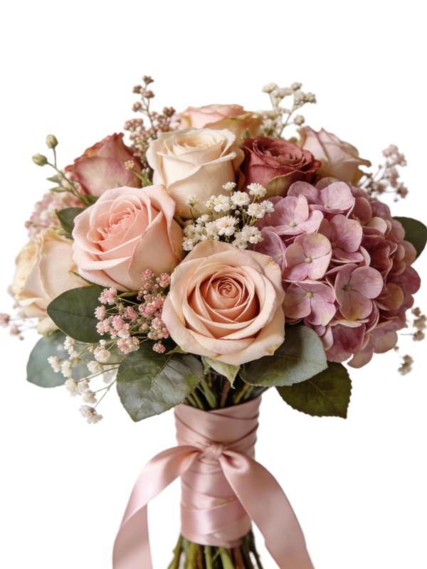Vintage Blush Rose & Purple Hydrangea Bridal Handheld Bouquet