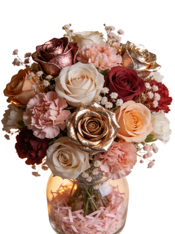 Multicolor Metallic Rose & Carnation Preserved Glass Vase Arrangement