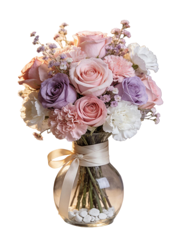 Pastel Pink & Purple Rose Carnation Preserved Glass Vase Arrangement