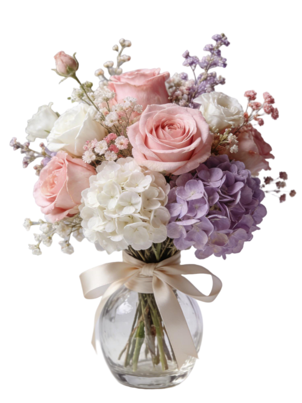 Pastel Pink & Purple Hydrangea Rose Preserved Glass Vase Arrangement